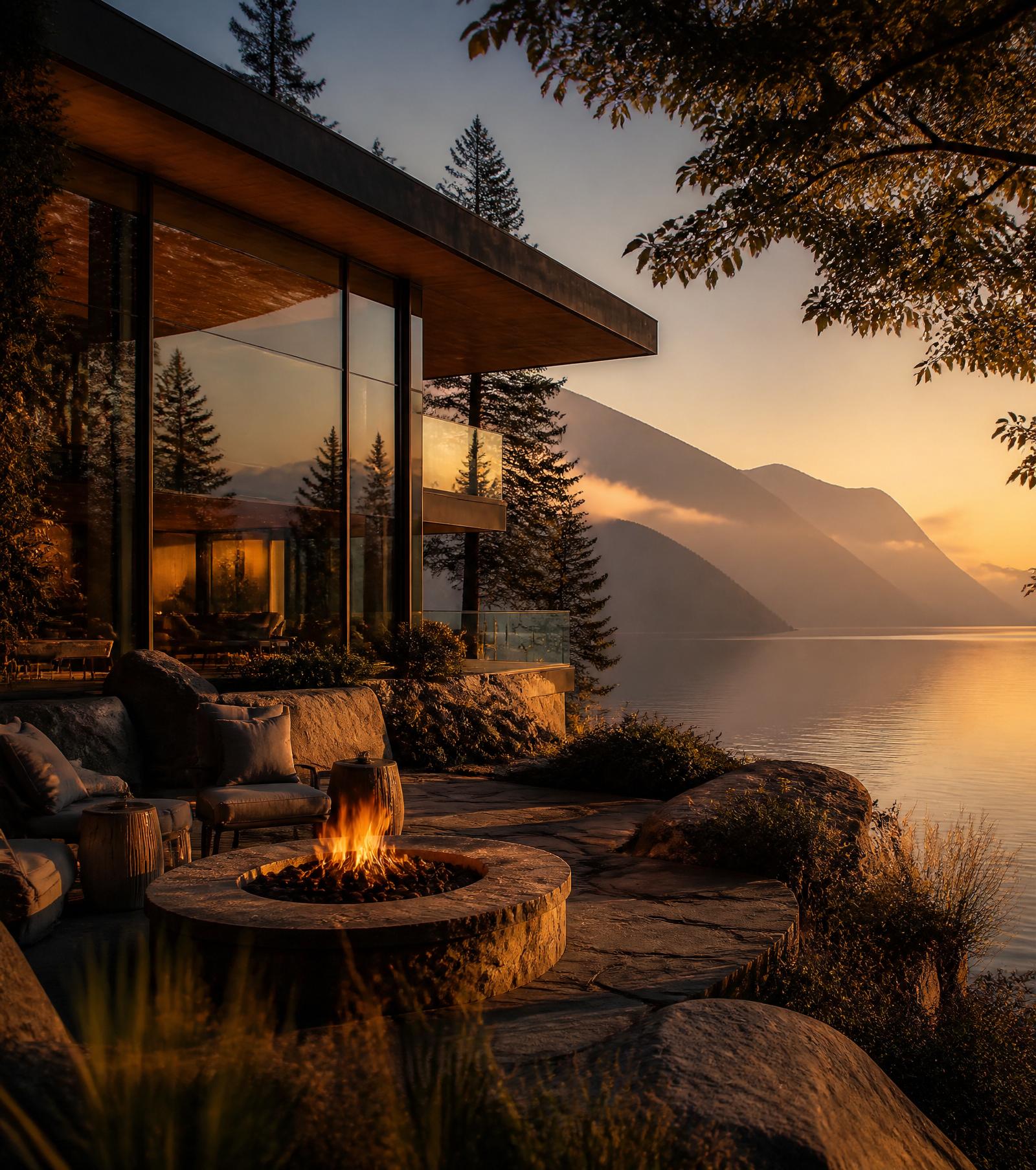 A modern lakeside villa glowing at golden hour, mist rising off still water and a fire pit on the stone terrace.